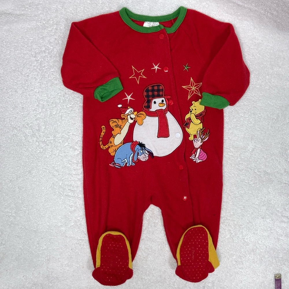 Disney Winnie the Pooh, tigger, piglet, eeyore red snap fleece Christmas 6/9m